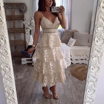 

POFASH Summer White Lace Dress Women Cascading Ruffle V Neck Spaghetti Strap Maxi Long Dresses High Waist Sexy Club Party Dress