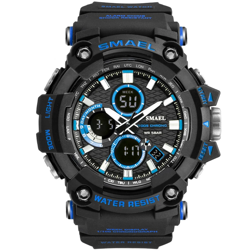 Black Blue Спортивные часы Dual Time Мужские часы 50 м водонепроницаемые мужские часы военные часы для мужчин 1802D шок Resisitant спортивные часы Подарки - Цвет: Black Blue
