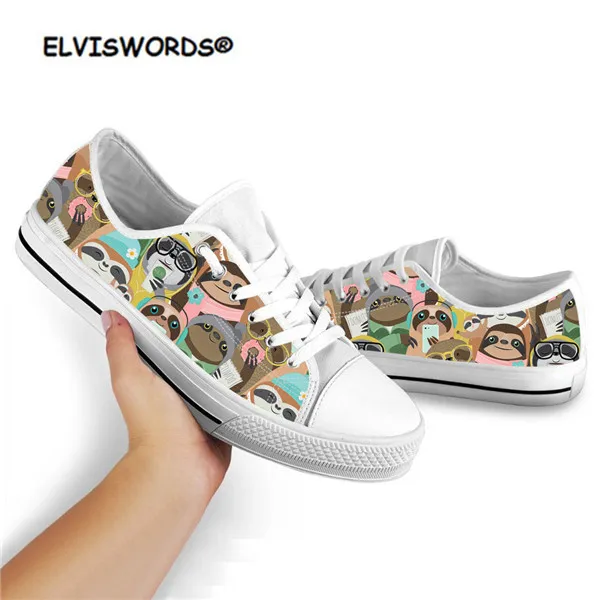 ELVISWORDS Cute Animal Sloth Print Classic Low Style Women Shoes Flats Canvas Vulcanized Sneakers for Ladies Girls Zapatos Mujer - Цвет: HXA44Z39A