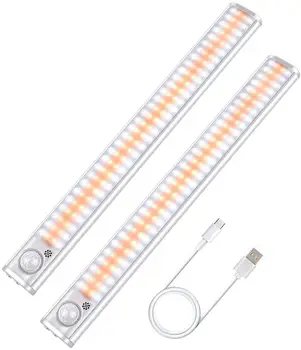 

2Pcs LED Closet Light Motion Sensor Under Counter Cabinet Lighting 120 LEDs Night Lights Wireless USB Rechargeable Lamp for Room