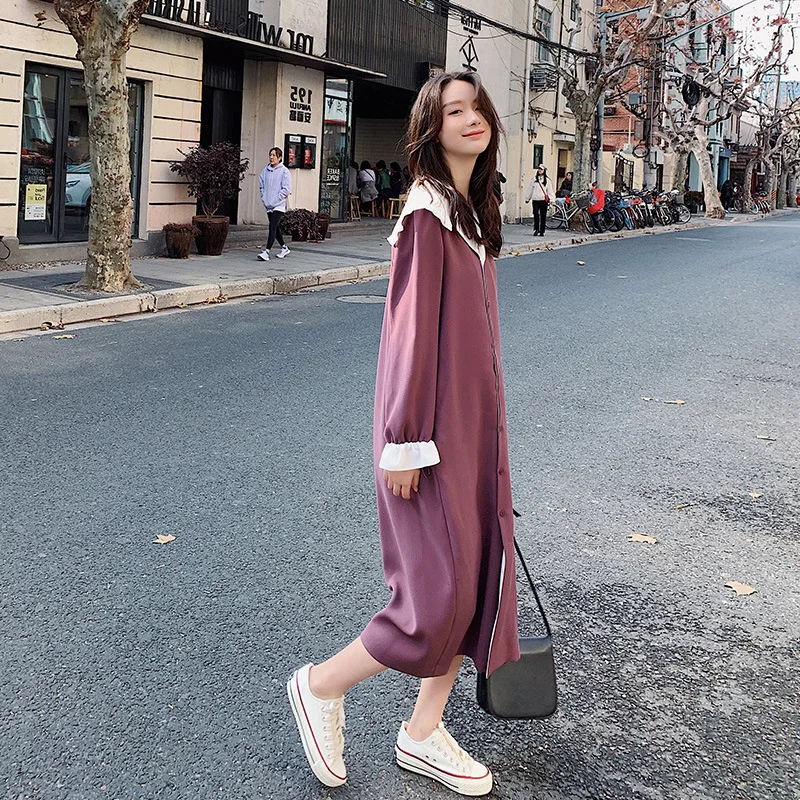 

Photo Shoot Navy Collar Shirt Dress Spring And Autumn 2020 New Style Korean-style Loose-Fit Hepburn Wind Slit Medium-length Dres