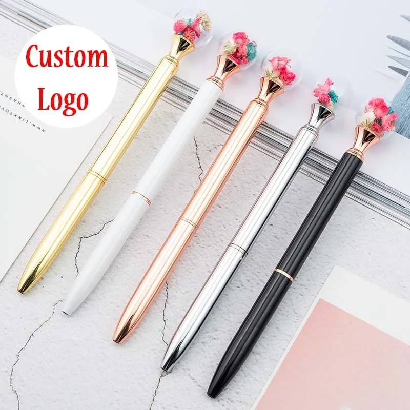 

Private Laser Customized Logo Metal Pen Creative Ball Dry Flower Ballpoint Pen Birthday Wedding Promotion Gift Advertising Pens
