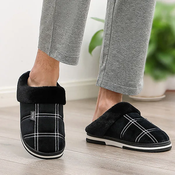 Black Men's slippers Winter Velvet Sewing Suede Indoor shoes for male Antiskid Anti Odor Short Plush Home Cozy Fur slippers men - Цвет: Black