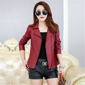 

Women PU Leather Jacket Spring Autumn Plus size Slim Short Striped Motorcycle Soft Faux Leather Coat Woman Black Red Outwear 5XL