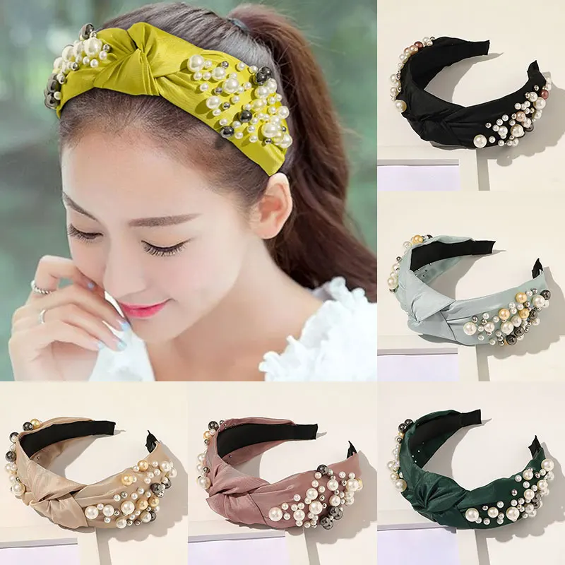 

Pearl Headband Full of Artificial Pearls Solid Color Satin Hair Hoop Wide Brimmed Cross Knot Hair Accessories Pleated Headwear