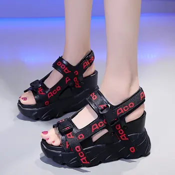 

2020 New Women Platform Sandals Summer Fashion Hook Loop Design Black 9.5cm Increasing Sandals Thick Sole Casual Sandalias Mujer