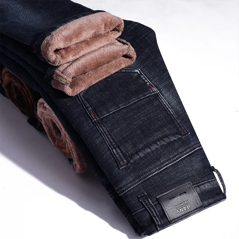 Warm Thicken Fleece Denim Trousers Slim Fit Stretch Pants Male Brand Black Blue Jeans Men Fashion Classic Style