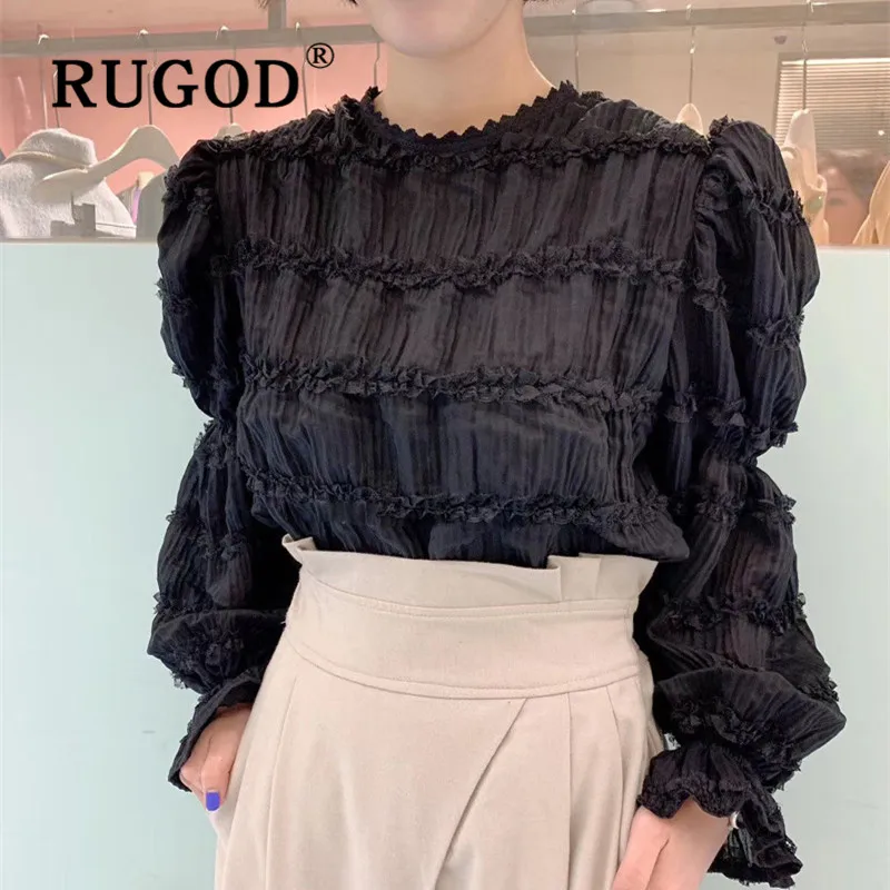RUGOD весенние плиссированные женские блузки с длинным рукавом, элегантный топ, корейская модная одежда, женские рубашки с рукавами-колокольчиками, Повседневная рубашка