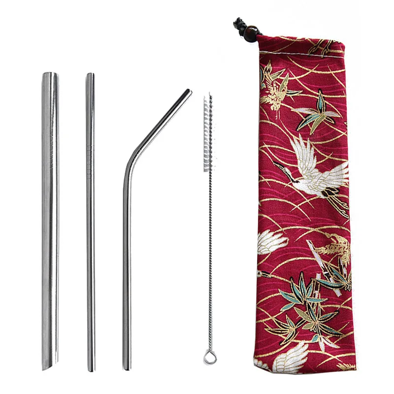 

5pcs Pointed Tip Straw Reusable Metal Drinking Straws Stainless Steel Silver Straw Set Thick with Colorful Bag Pouch Party Gift