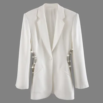 

SuperAen Heavy Industry Crystal Chain Office Lady Wide Shoulder Waist Hugging Single Button Casual Solid Full Suit Jacket