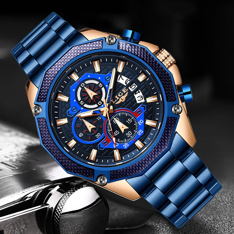 LIGE новые модные мужские часы с нержавеющей сталью, Топ бренд, роскошные спортивные кварцевые часы с хронографом, мужские часы