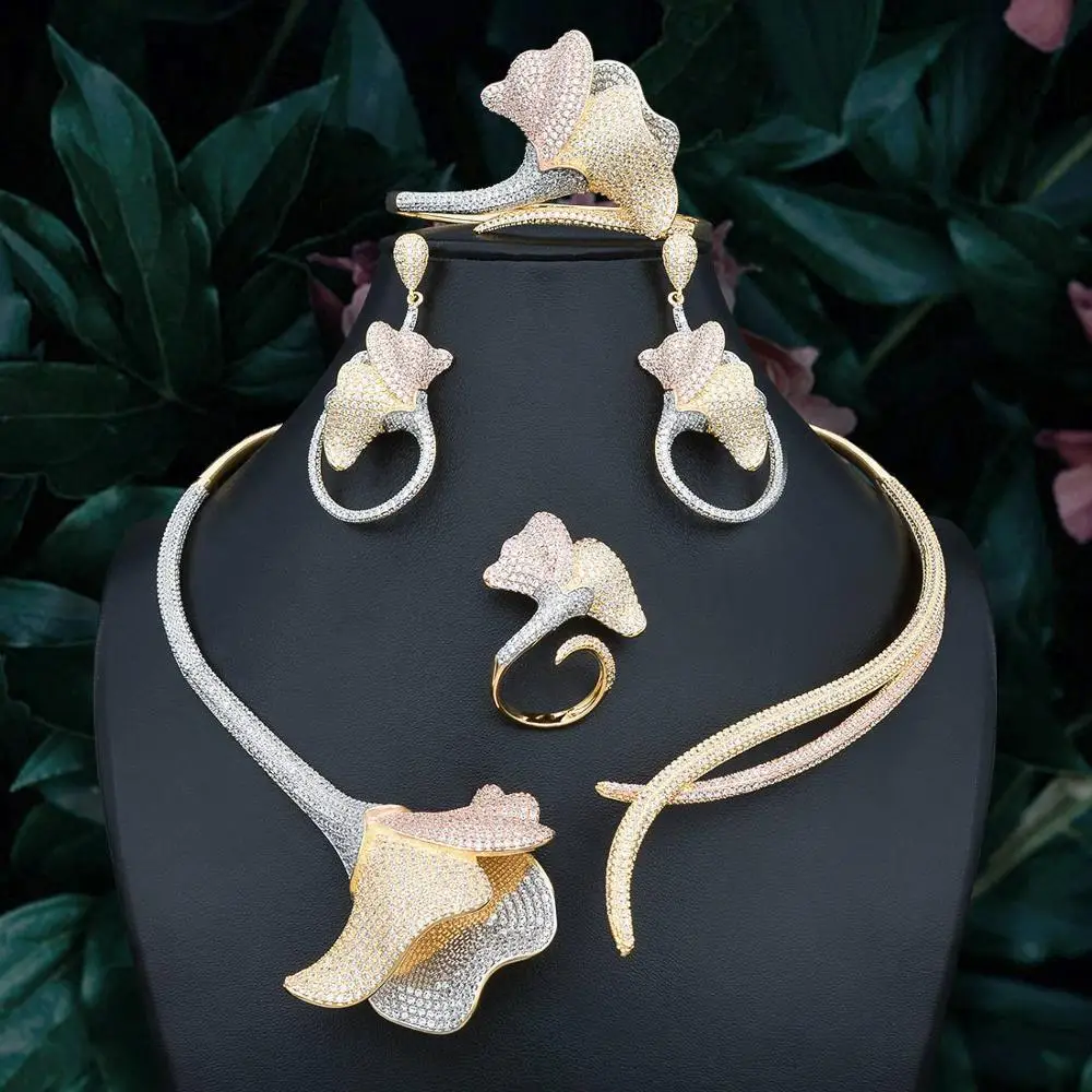 

Accking Luxury 4pcs tricolour Flower Bridal Jewelry Sets necklace ring earring bangle For Women Wedding Party Accessories PARTY