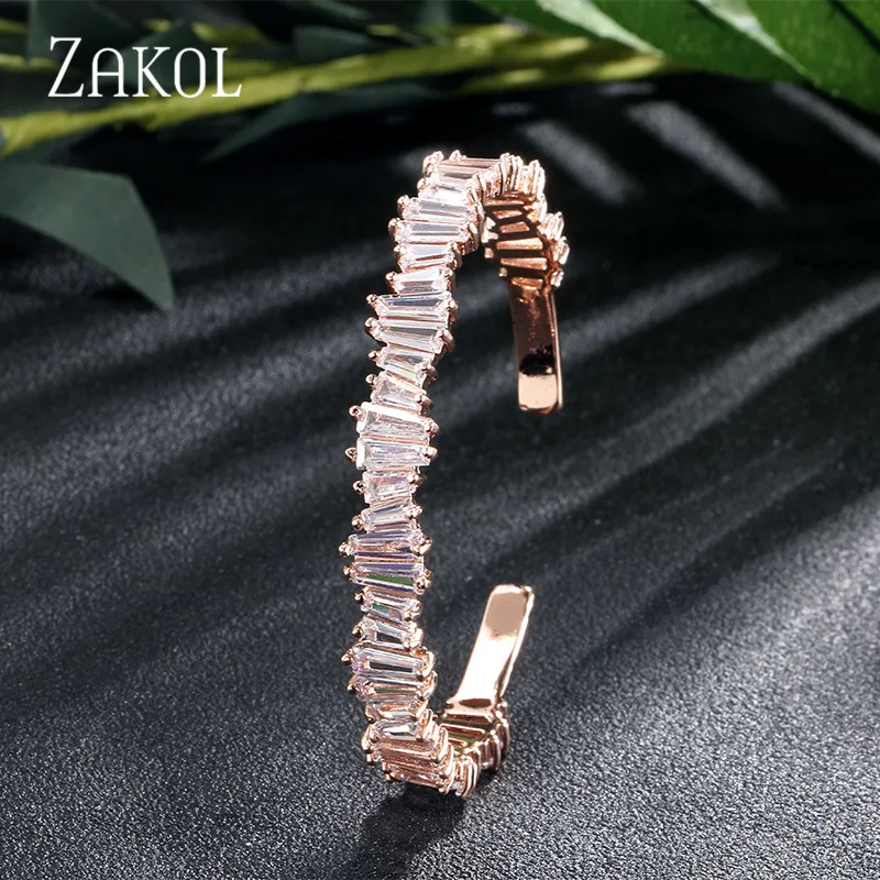 Rose Gold Color ZAKOL модный AAA Браслет с кубическим цирконием багет белый цвет манжета медная основа Свадебные украшения для женщин FSBP138 - Окраска металла: Rose Gold Color