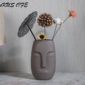 

Nordic Face Shape Design Black Ceramic Plant Pot Vase Simple Human Face Jar Display Room Home Decorative Figure Head Flower Vase