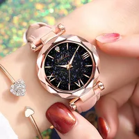 Women Watch Fashion Leather Band Ladies Quartz Wrist Watch Starry Sky Round Dial Roman Number Rhinestone Leather Band Watch Cute 1