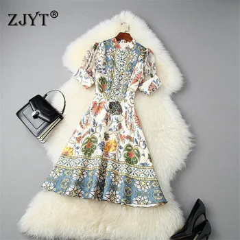 

Runway Fashion Summer Dress Women 2020 New Designer Short Sleeve Retro Print Vintage Dress Above Knee Vestidos Female