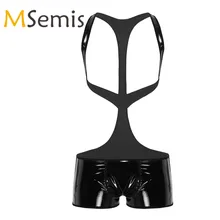 Мужские трусы-боксеры из лакированной кожи с эффектом мокрого вида, Короткие трусы-борцовки, боди на подтяжках