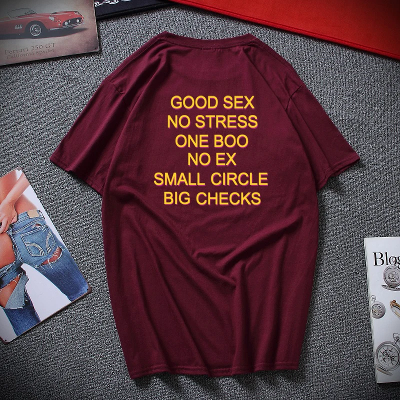 Смешная футболка с надписью «Good Sex No Stress One Boo No Ex Small Circle Big checkes», европейские размеры, хлопок - Цвет: Бургундия