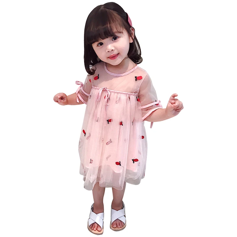 

KISBINI Summer Baby Girls Dress Cute Straberry Pink Mesh Knot bow Dresses For Toddler Girls New Fashion Dress For Kid Girls