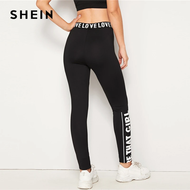 SHEIN черные лозунг печати леггинсы женские брюки осень эластичная талия активная одежда Досуг обтягивающие длинные леггинсы