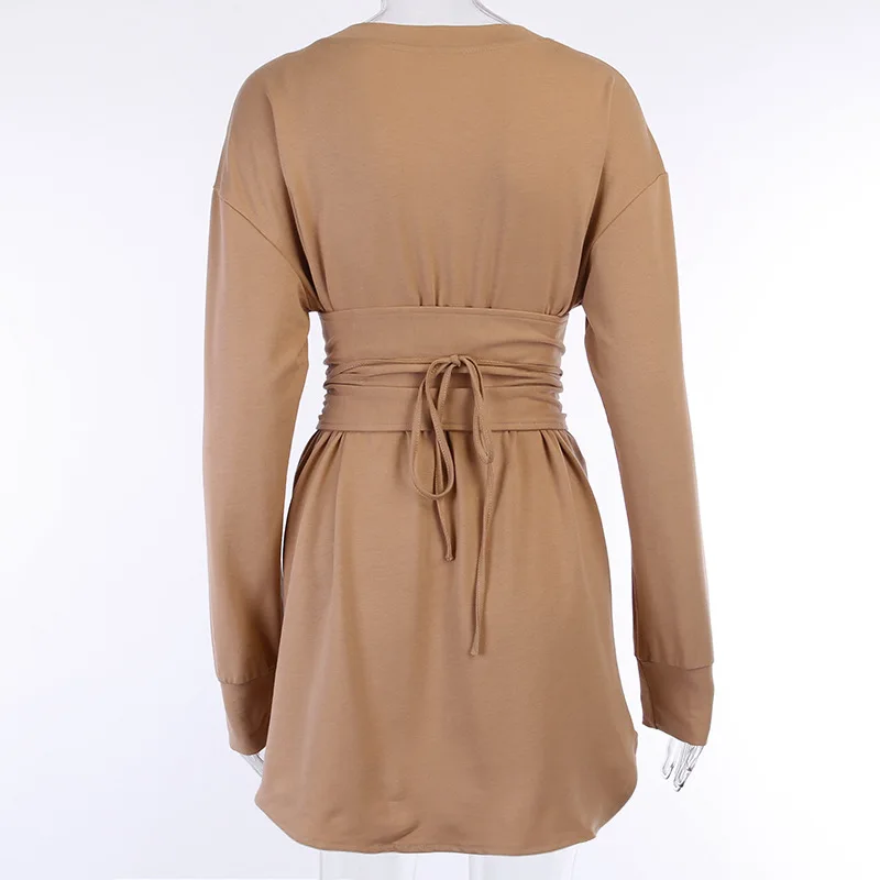 Криптографическое Повседневное платье-рубашка для женщин, однотонное мини платье с круглым вырезом и длинным рукавом на шнуровке с поясом, модное осенне-зимнее Новое