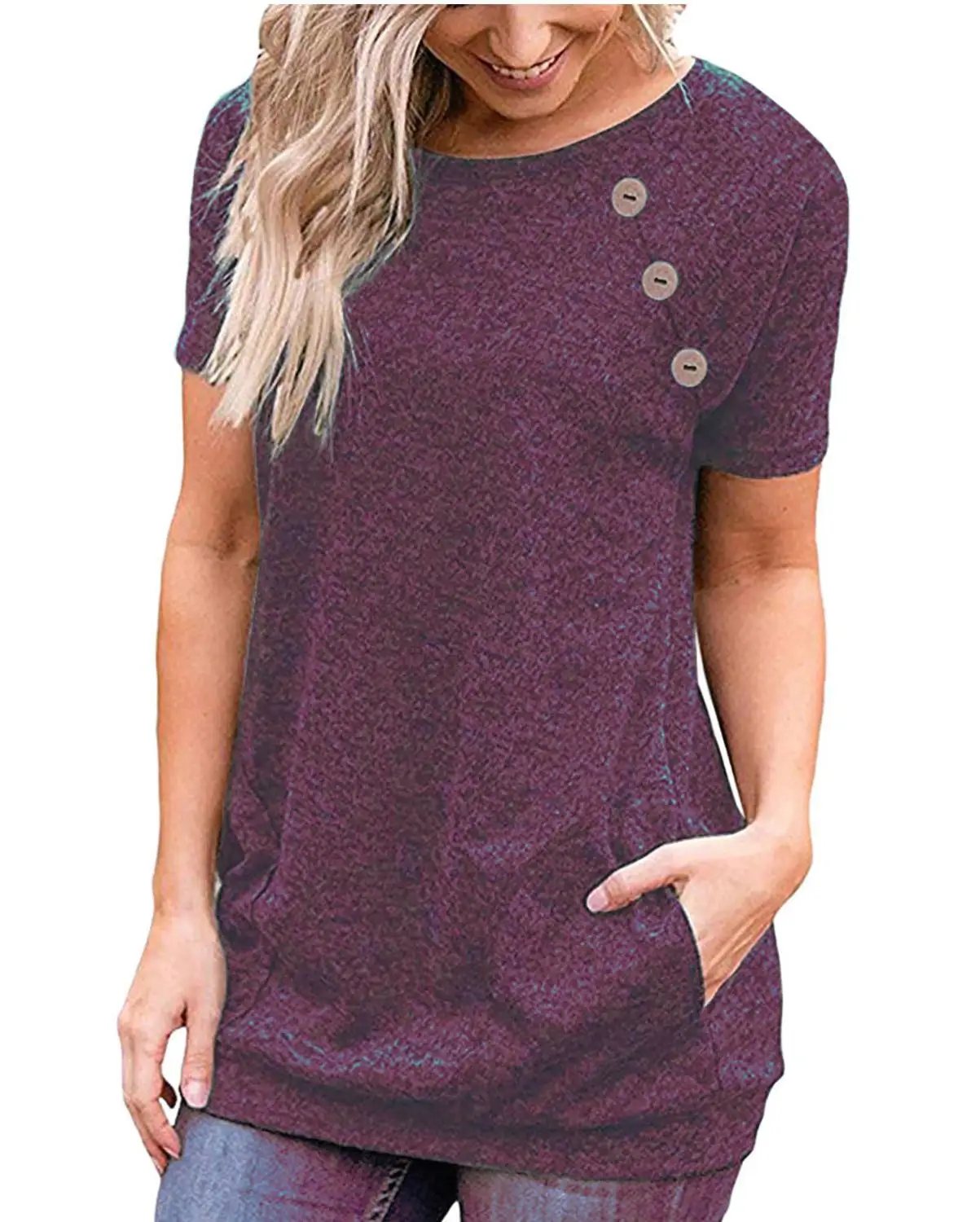 

2020 Summer Solid Round Neck Pocket Short-sleeved T-shirt Female Loose Casual Button Decoration Mid-length Bag Hip T-shirt Women
