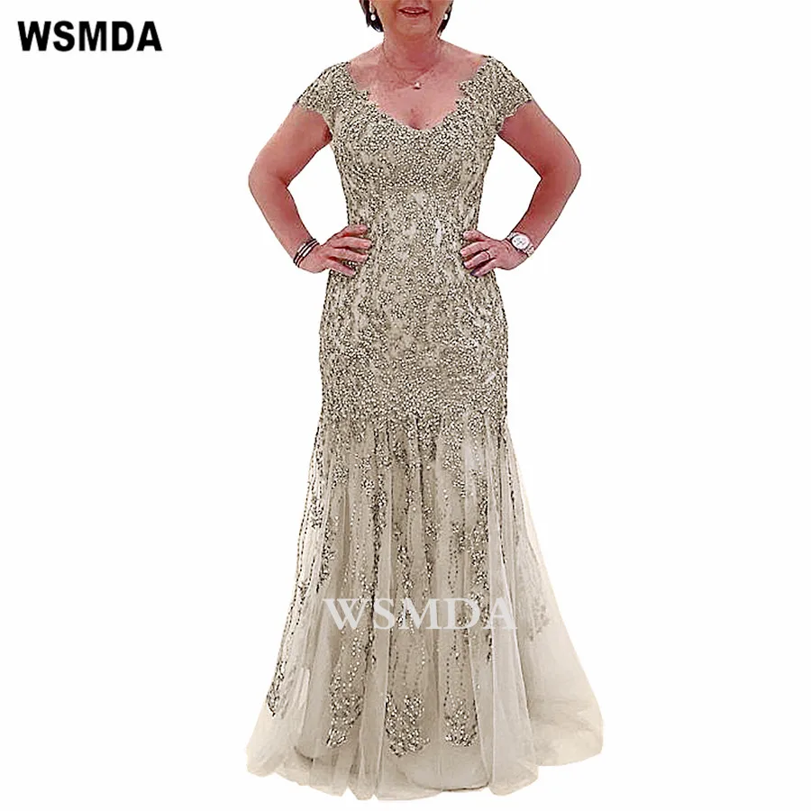 Mother Bride Dresses Lace V-Neck Illusion Back Wedding Party Formal Evening Dress