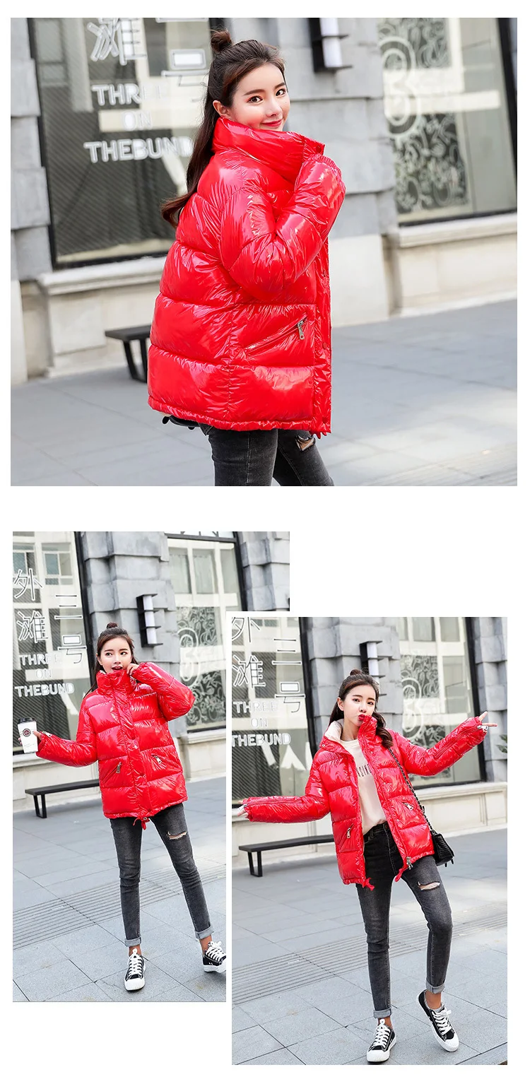 NIJIUDING 2018 New Fashion Metal Solid Black Red Bright Jackets Coats Women's Winter Warm Down Cotton Padded Long Parkas Outwear (8)