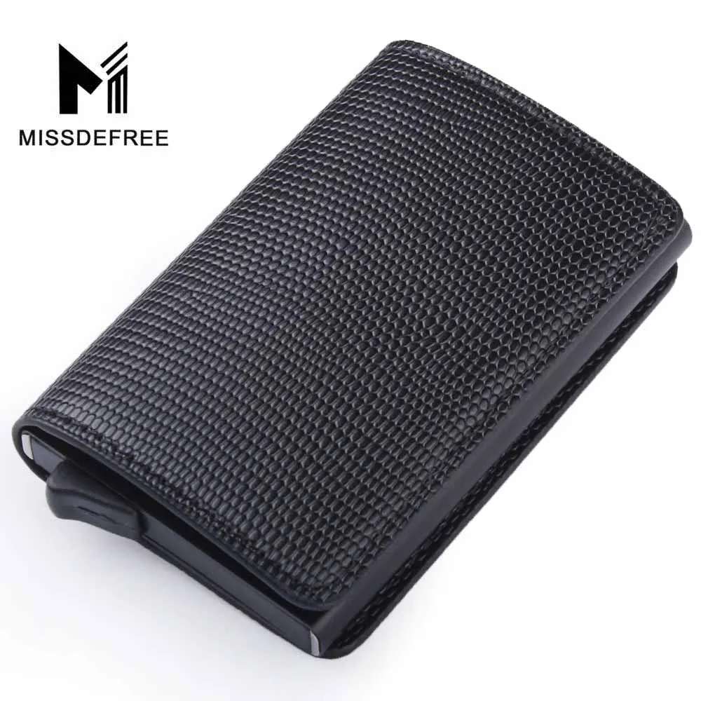 Алюминий бумажник с заднего кармана ID Card Holder RFID Блокировка мини-тонкий металлический кошелек автоматические всплывающие Кредитная карта монет кошелек - Цвет: Black Lizard Pattern