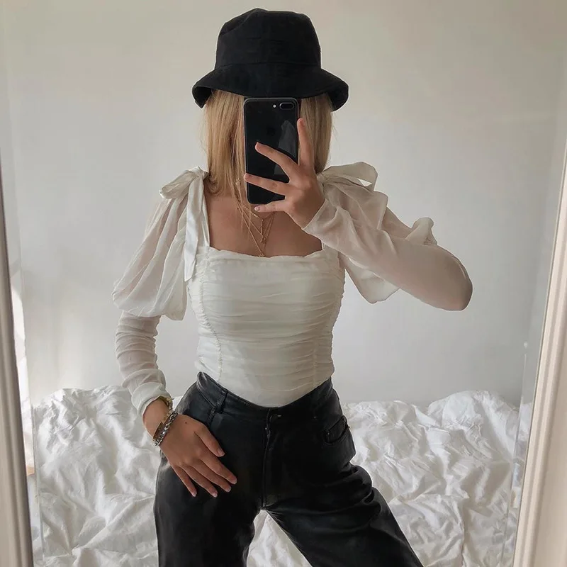 Сексуальный кроп Ruched Sheer Mesh Top женский галстук-бабочка с пышными рукавами тонкий короткий топ на бретелях белые оборки эластичные вечерние топы уличная