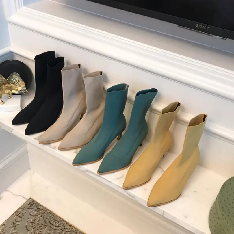 strange banana heels knitting boots women pointed candy color yarn elastic sock botas mujer high stretch fabric botines513 | Обувь