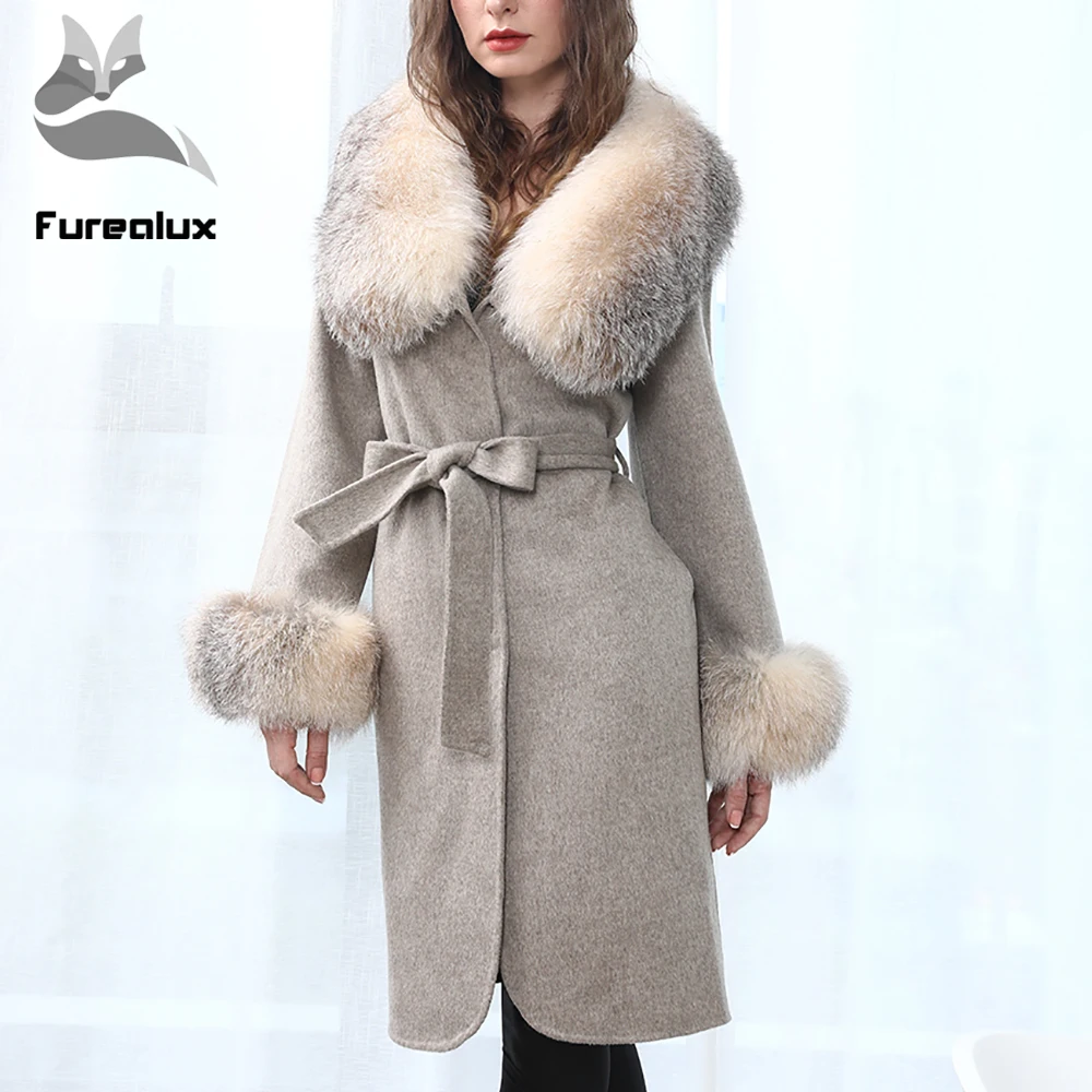 Furealux Real Fur Coat Women 2020 Winter Jacket Natural Fox Collar Cashmere Wool Blends Long Outerwear Thick Warm Streetwear | Женская