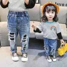 Стиль, весенне-осенние детские повседневные Модные джинсы в западном стиле с дырками и заплатками в Корейском стиле для девочек 0-6 лет
