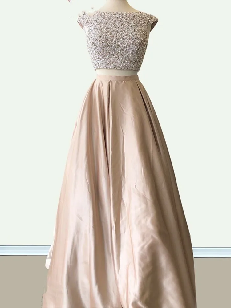 

Champagne Satin Two Pieces Prom Dresses with Pockets Pearls Beaded Open Back Long Evening Party Gown for Girls Semi Formal Dress