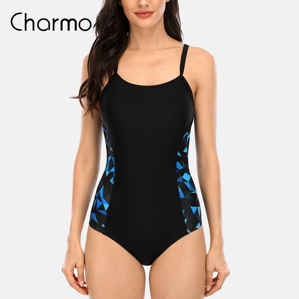 

Charmo Women Sports Racerback One Piece Swimming Costume Color Block Racing Training Swimsuit