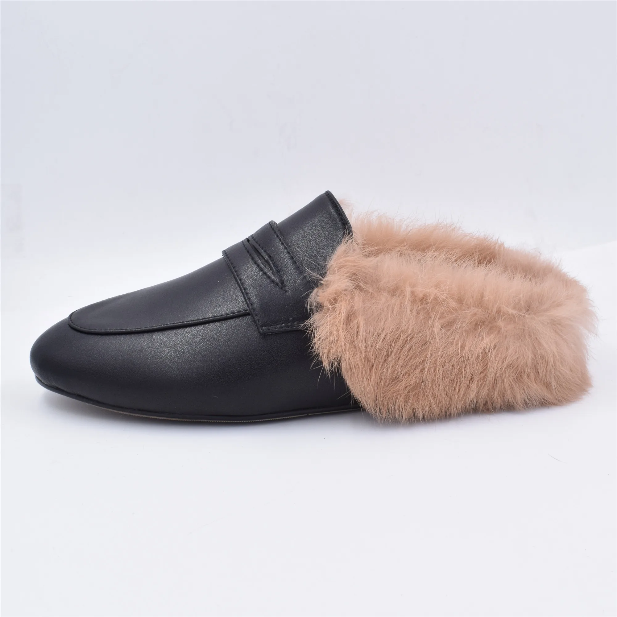 Black-no decoration LOVIRS/женские зимние туфли без задника из натуральной кожи с открытой спиной и кроличьим мехом; удобные лоферы на плоской подошве; женские шлепанцы без задника - Цвет: Black-no decoration