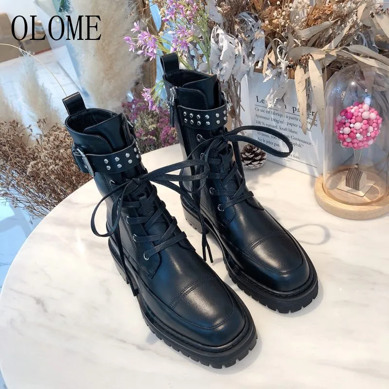 

OLOME New Fashion Genuine Lether Women Ankle Boots Round Toe Side Zip Women Autumn Winter Warm Boots Shoes Woman