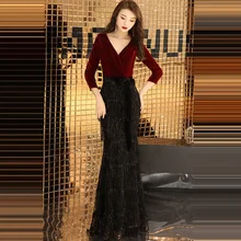 Вечернее платье, сексуальное, с глубоким v-образным вырезом, Robe De Soiree, рукав три четверти, женские вечерние платья, с блестками, элегантные вечерние платья F227