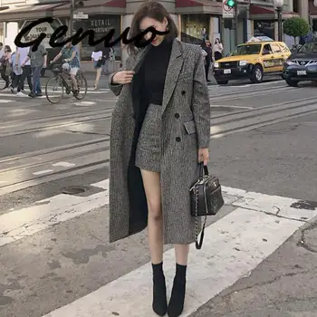 

Genuo Winter Two Piece Suits Runway Women Black Plaid Woollen Tweed Turn Down Collar Long Overcoat + Mini Bodycon Pencil Skirt