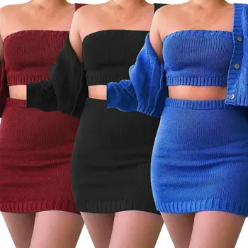 

3Pcs Women Sexy Knitted Tube Crop Top+ Mini Skirt +Long Sleeve Cardigan Sweater