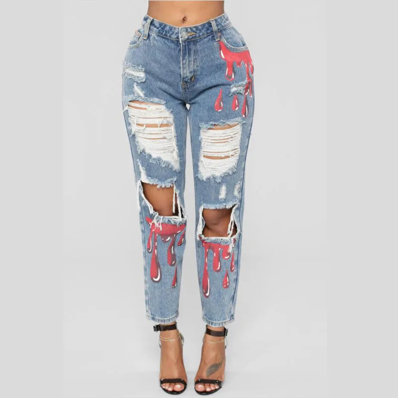 

Sale women fashion trendy stretch Hole slim denim jeans Casual Hot Ripped jeans street Straight pencil pants Trousers M-XL D30