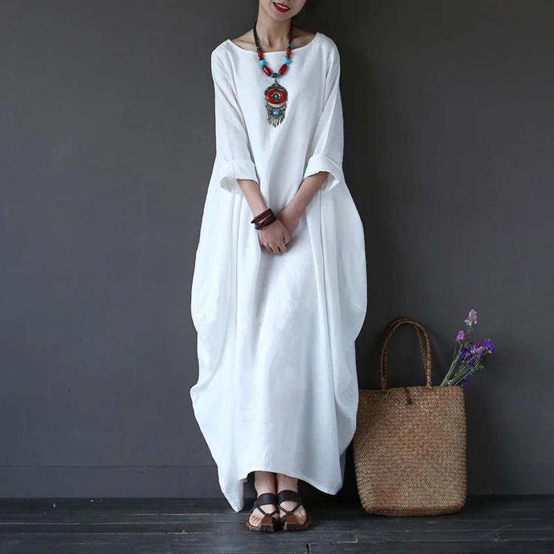 S~ 4XL льняное длинное платье хиджабы с длинными рукавами женская мусульманская абайя хадж одежда арабское свободное исламское Белое Женское платье Дубай