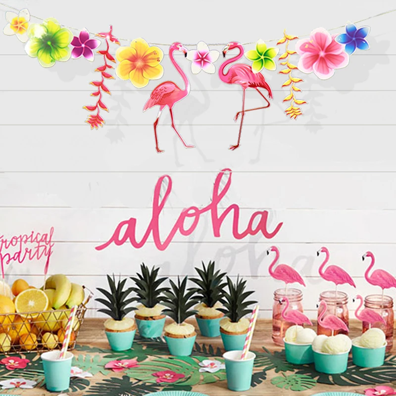 Flamingo Party Tableware Hawaii ALOHA Bunting Banner Balloon Garlands Summer Tropical Hawaiian Party Birthday Wedding Decoration