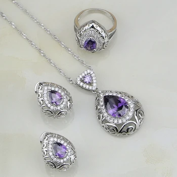 

Natural Purple Cubic Zirconia White Crystal 925 Sterling Silver Jewelry Sets For Women Wedding Earrings/Pendant/Necklace/Ring