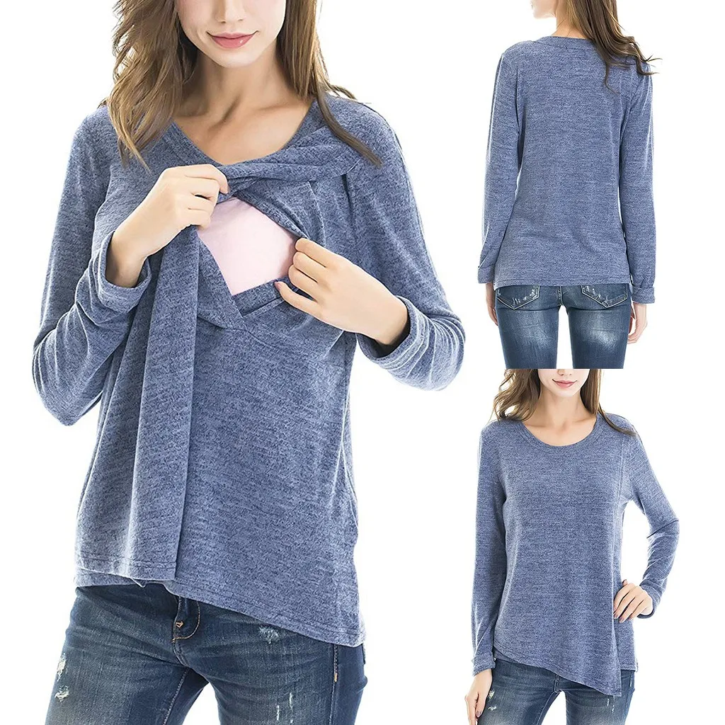 Женская блузка для беременных с длинными рукавами, удобные топы для кормящих, рубашки для грудного вскармливания, повседневная Зимняя Блузка, рубашка C50