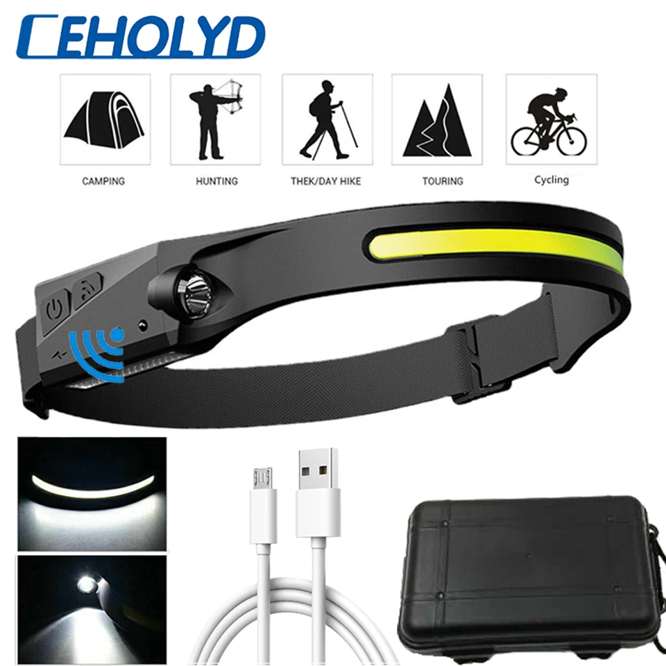 COB LED Headlamp Sensor Headlight with Built-in Battery Flashlight USB Rechargeable Head Lamp Torch 5 Lighting Modes Ceholyd | Лампы и