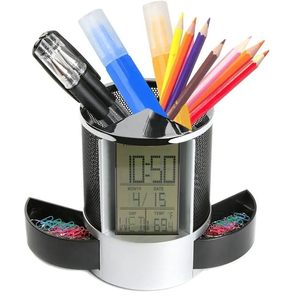 

Office LCD Alarm Clock Time Temperature Display Countdown Pen Pencil Holder Desk Organizer office accessories