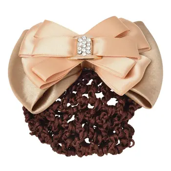 

Ladies Hairnet Beige Rhinestone Inlaid Bowtie Hair Clip Snood Net