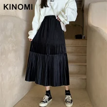 KINOMI осенне-зимние черные бархатные гофрированные длинные юбки с высокой талией в Корейском стиле, Свободные повседневные женские юбки до середины икры