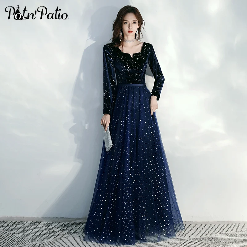 

Navy Blue Evening Dresses With Long Sleeves A-line Floor-length Simple Elegant Star Sequin Prom Gowns For Women Plus Size